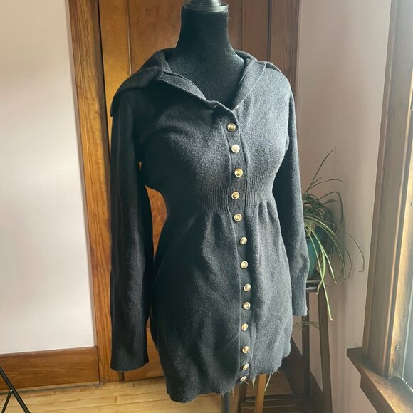 Black Button Sweater Dress M Witchy Whimsigoth Babydoll Fit Dark Feminine Luxury - Picture 2 of 9